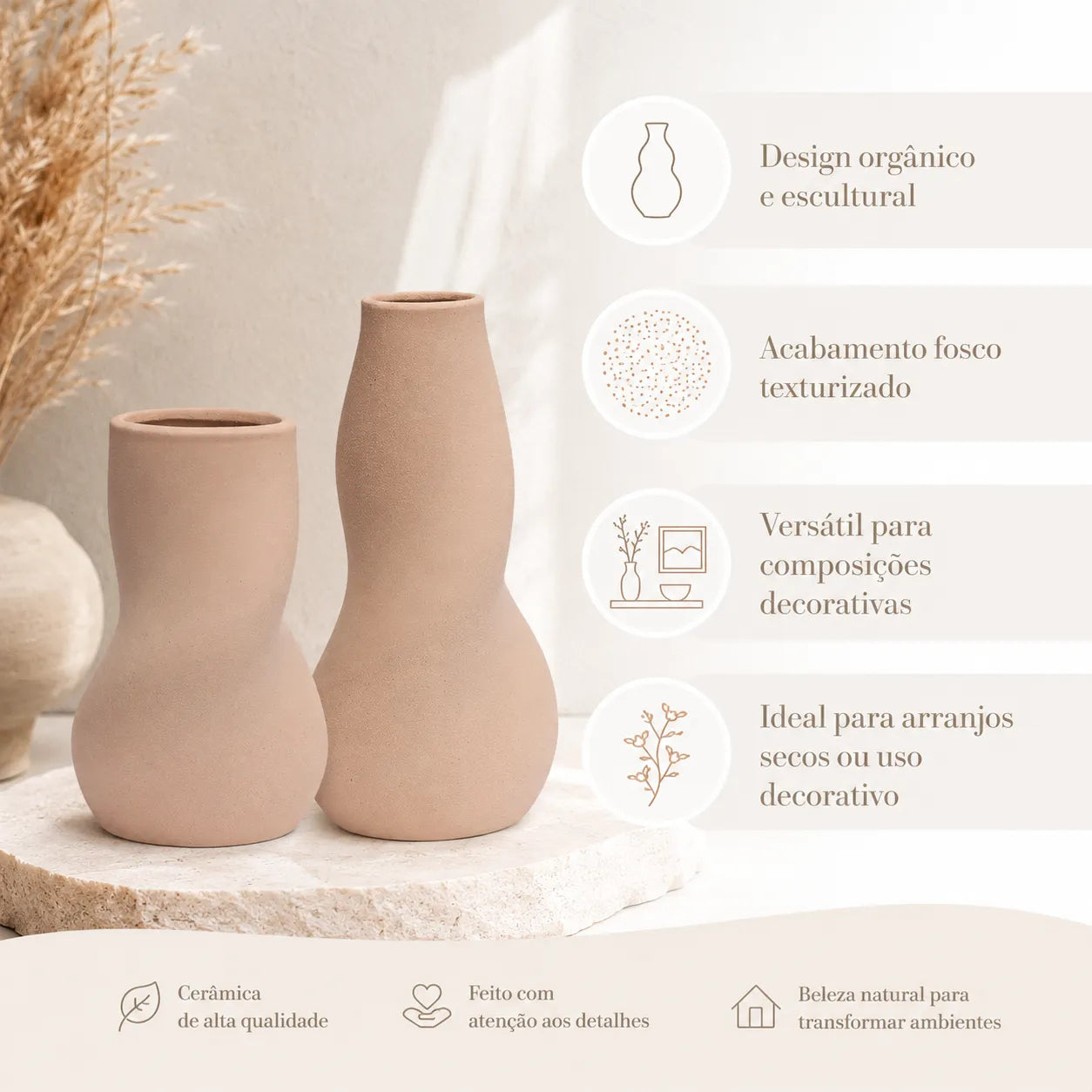 Conjunto de Vasos Decorativos em Cerâmica Bege Orgânica Duna