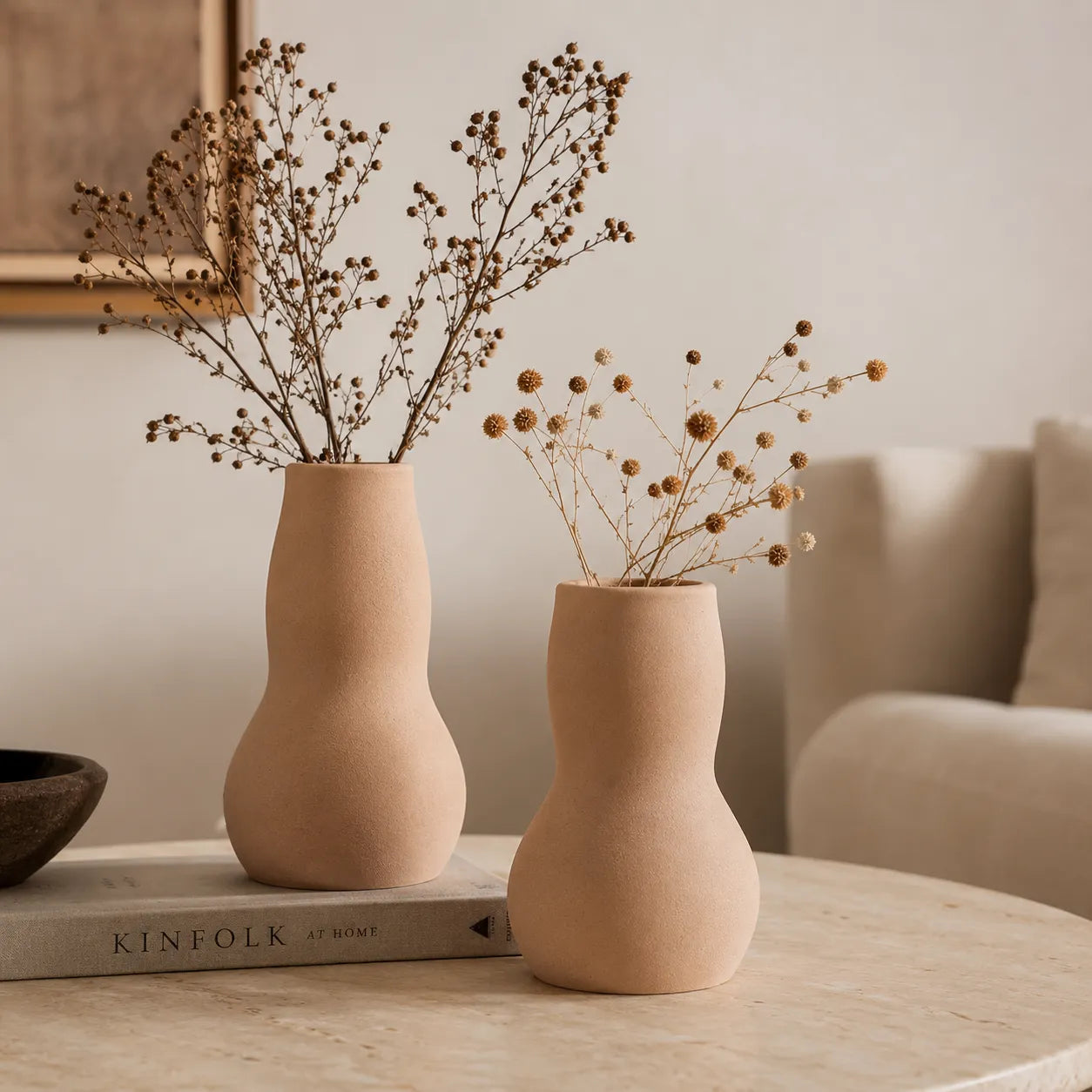 Conjunto de Vasos Decorativos em Cerâmica Bege Orgânica Duna