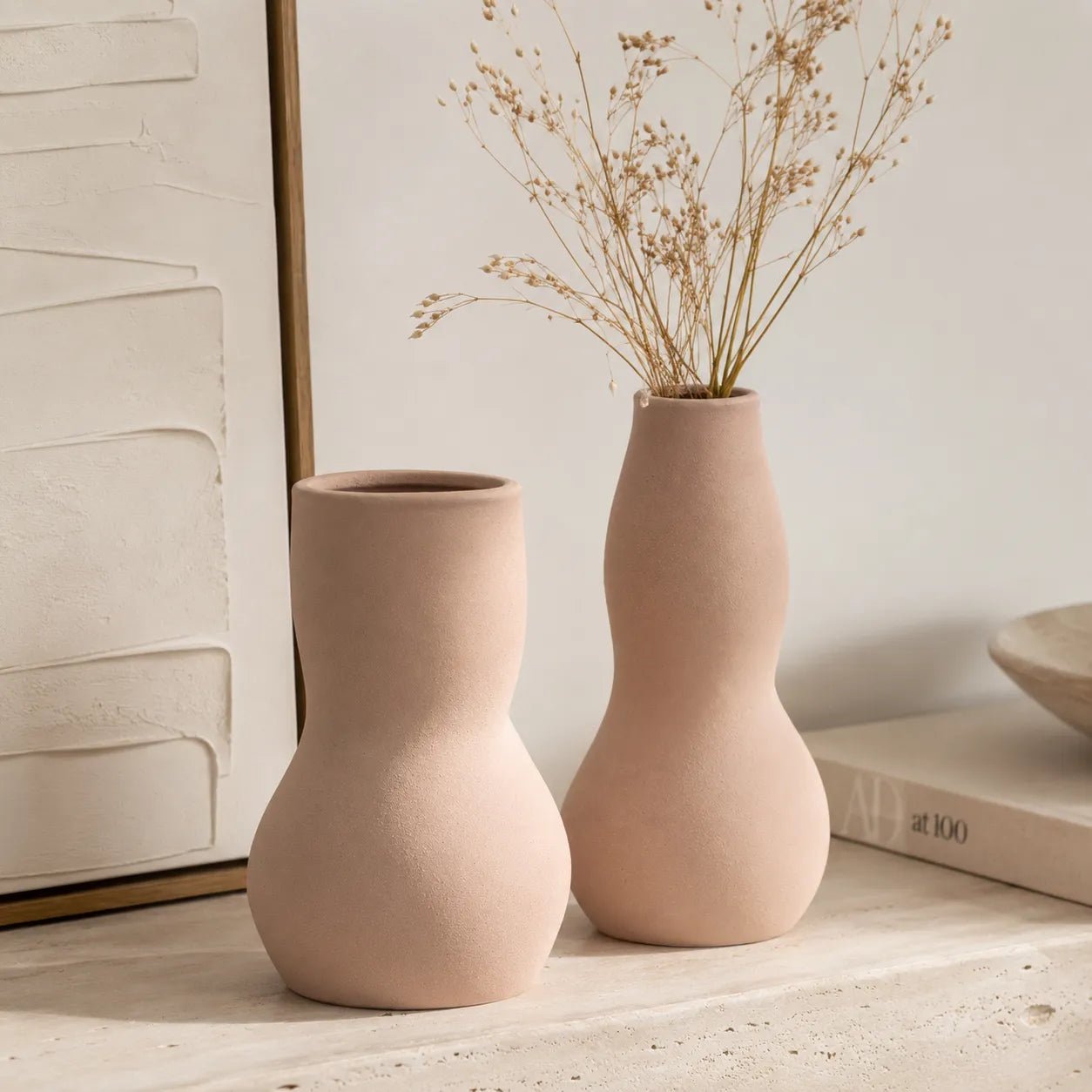Conjunto de Vasos Decorativos em Cerâmica Bege Orgânica Duna