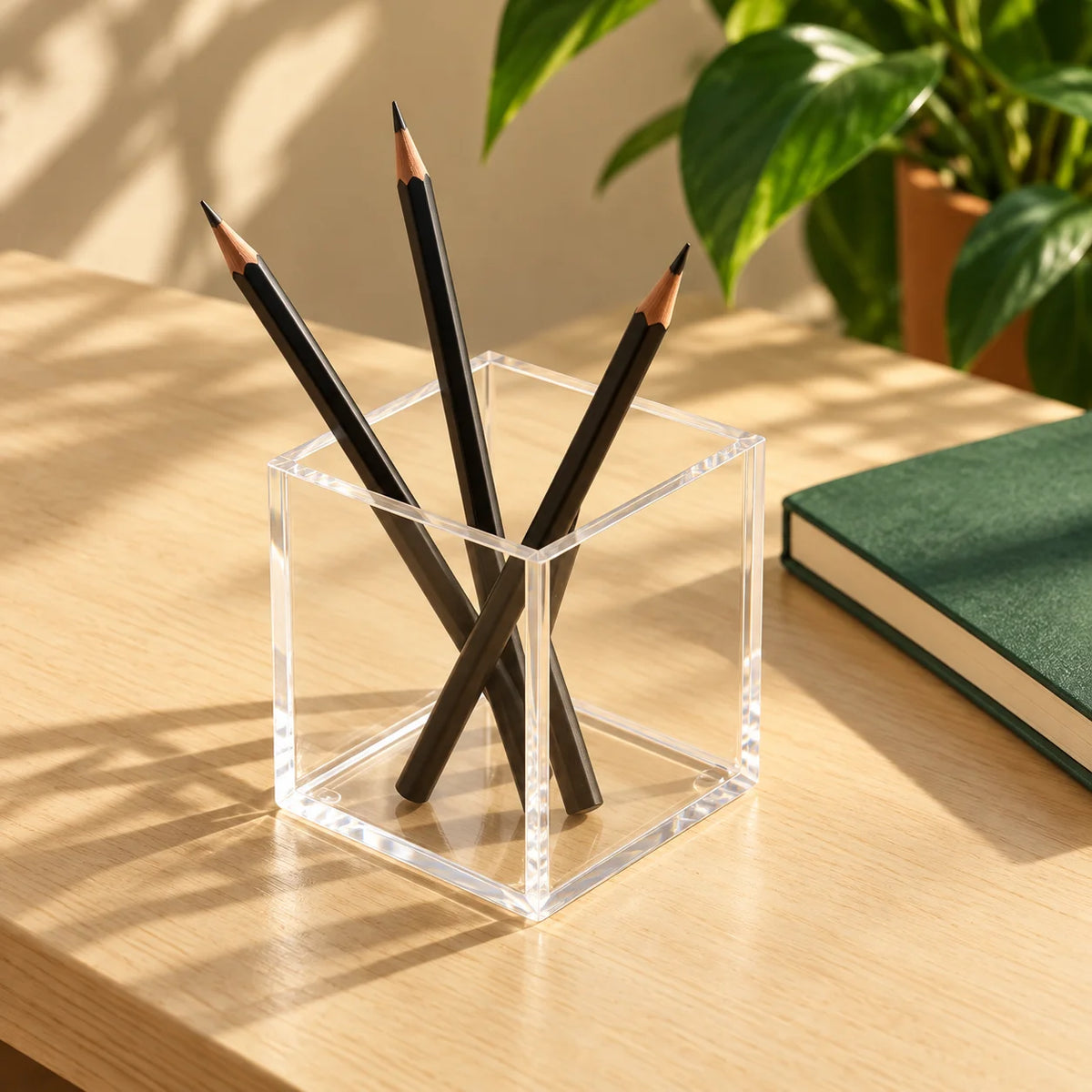 Cubo organizador Nivora em acrílico cristal, com lápis sobre mesa de madeira.