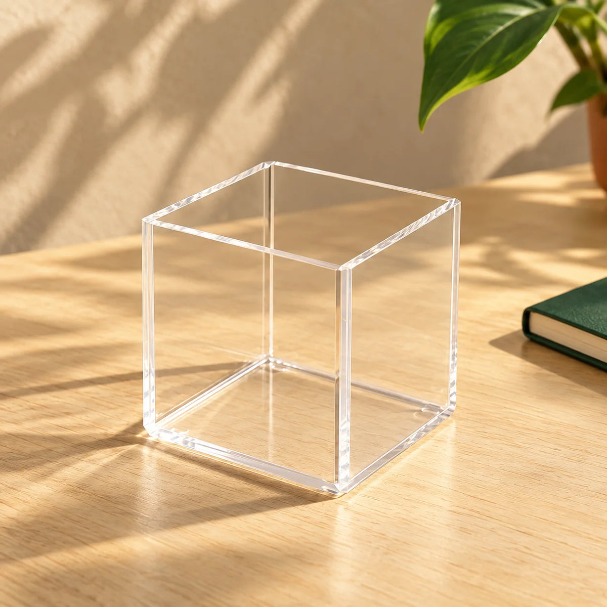 Cubo organizador Nivora em acrílico cristal, vazio sobre mesa sob luz natural.