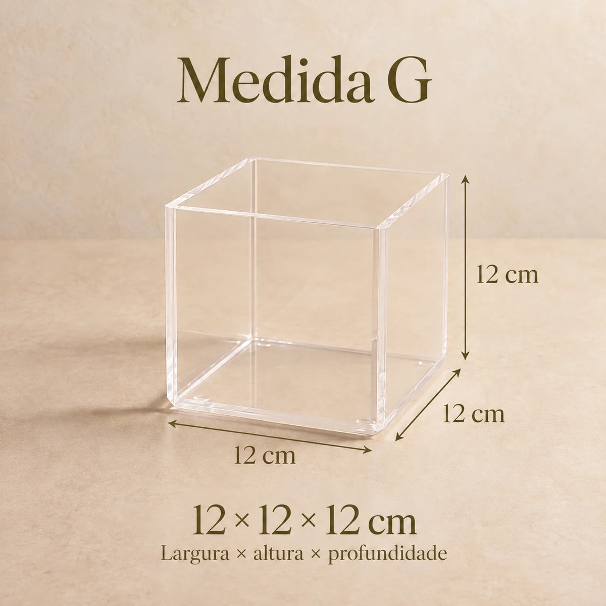 Cubo organizador Nivora em acrílico cristal, em diagrama do tamanho G.