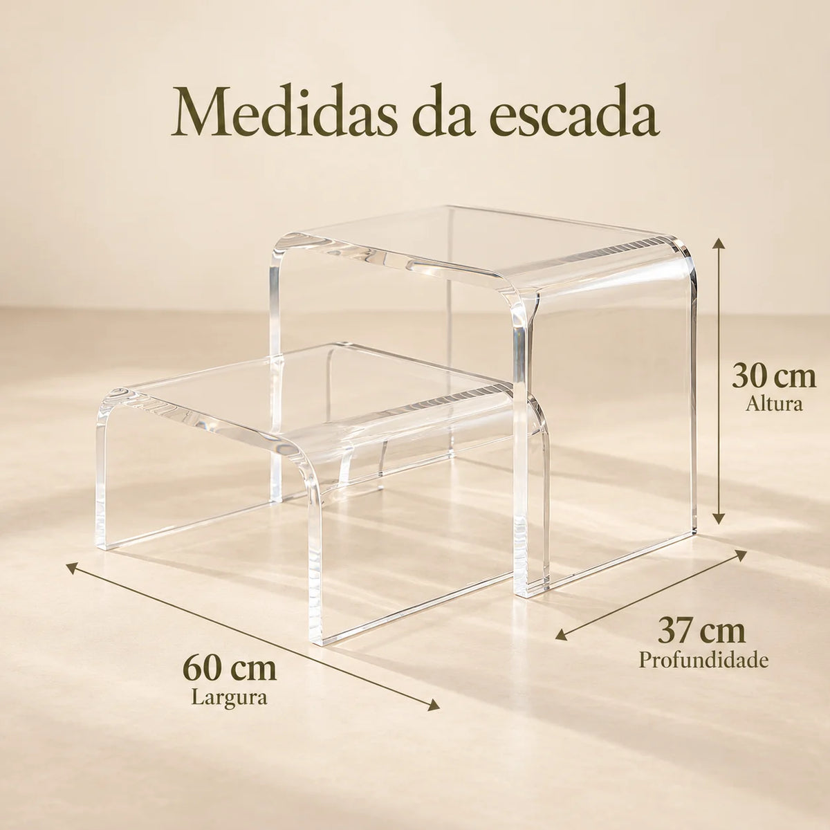 Escada modular Altea em acrílico cristal, em diagrama com medidas dos módulos.