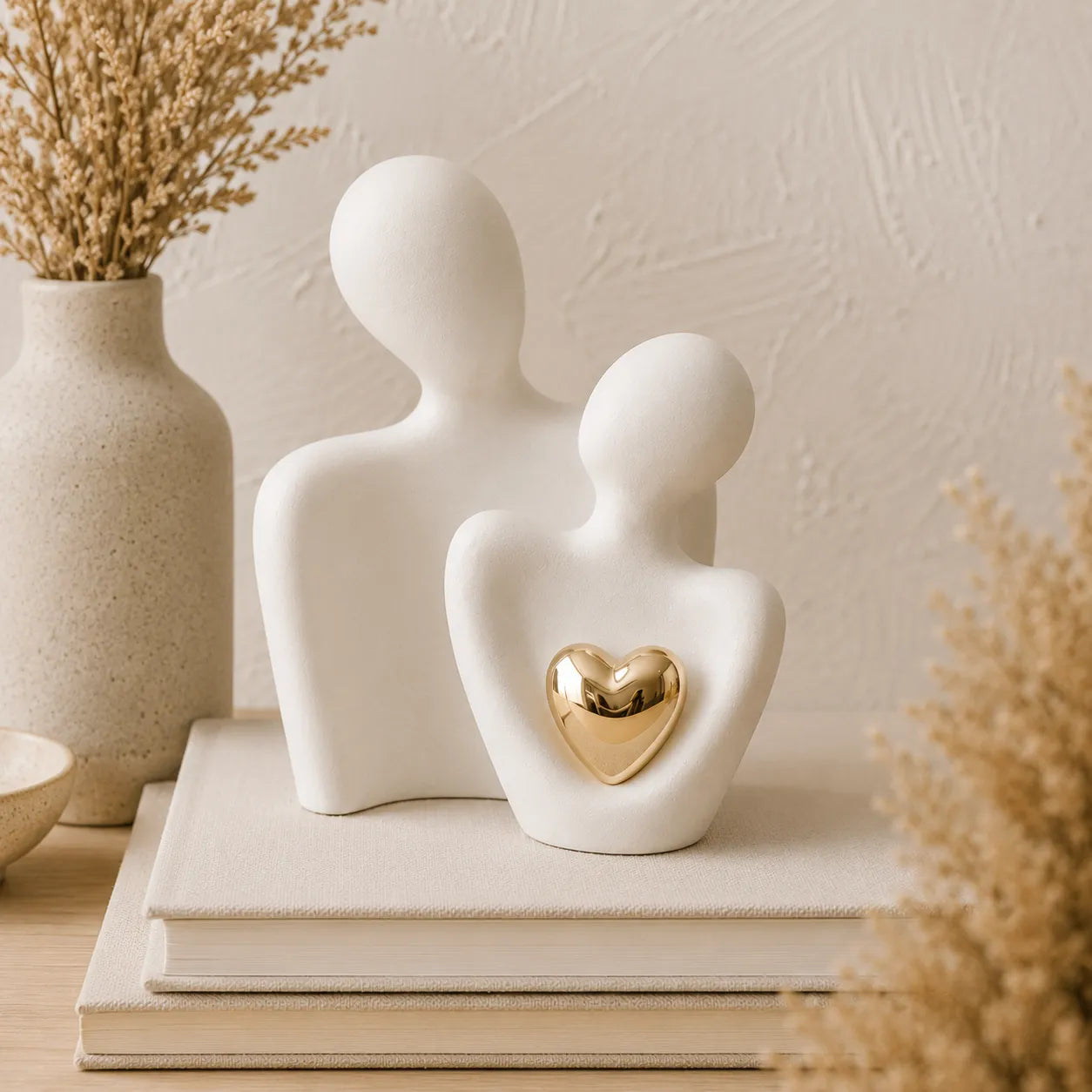 Escultura Abstrata Abraço com Coração Dourado