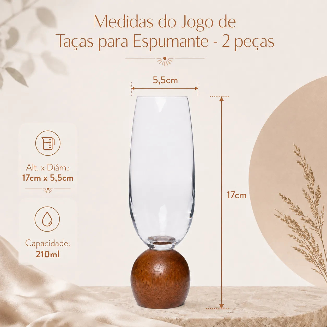 Jogo de Taças para Espumante em Cristal e Madeira Acácia - 210ml