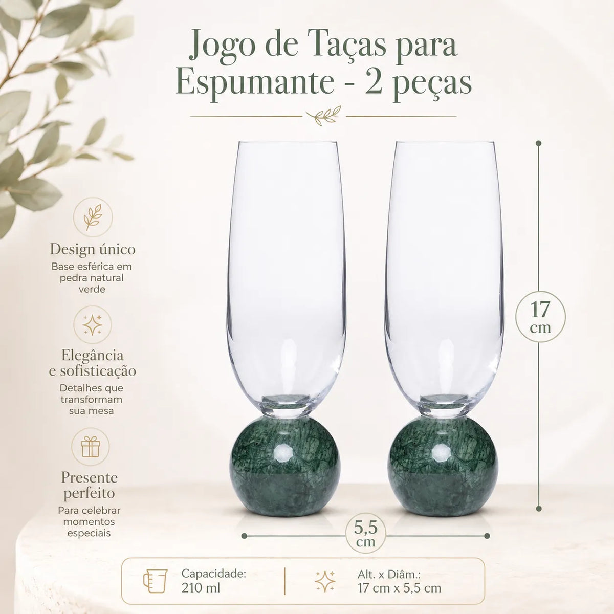 Jogo de Taças para Espumante em Cristal e Mármore Verde - 210ml