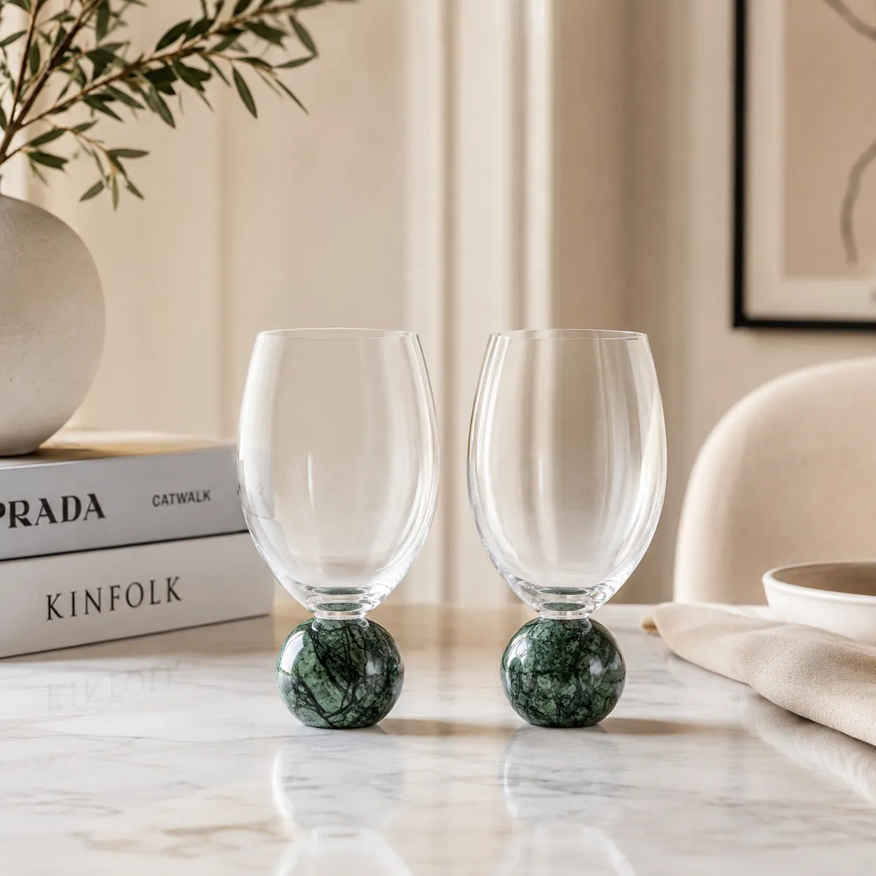 Jogo de Taças para Vinho em Cristal e Mármore Verde - 520ml