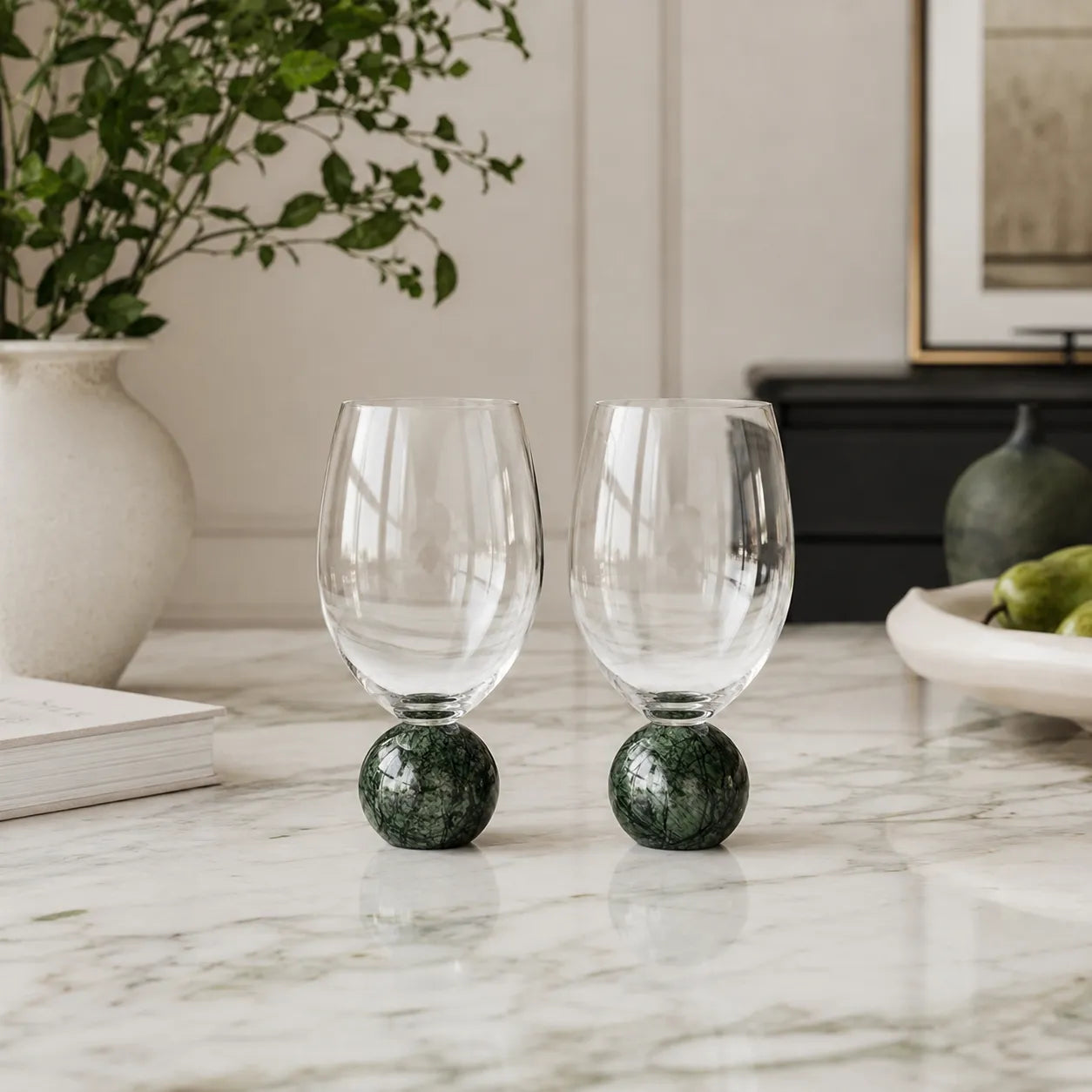 Jogo de Taças para Vinho em Cristal e Mármore Verde - 520ml