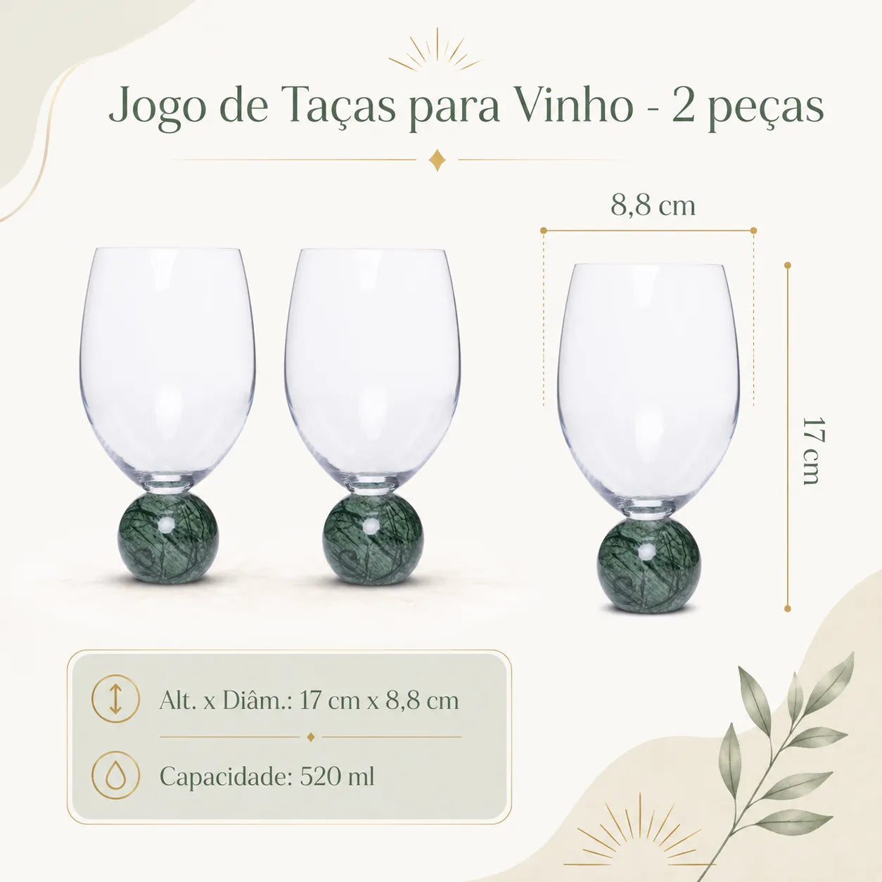 Jogo de Taças para Vinho em Cristal e Mármore Verde - 520ml