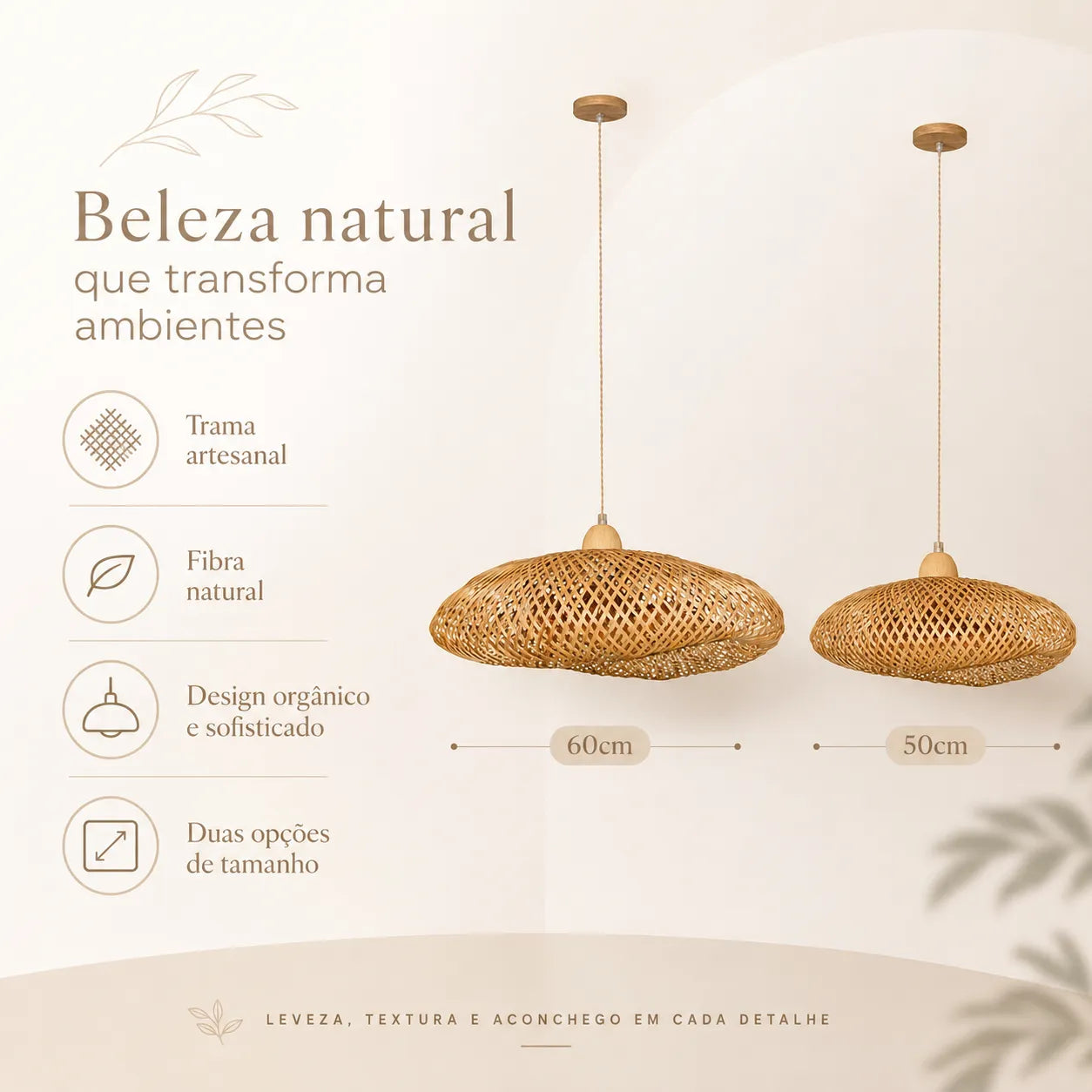 Kit 2 Luminárias Pendente de Bambu Luz do Campo - 50cm e 60cm