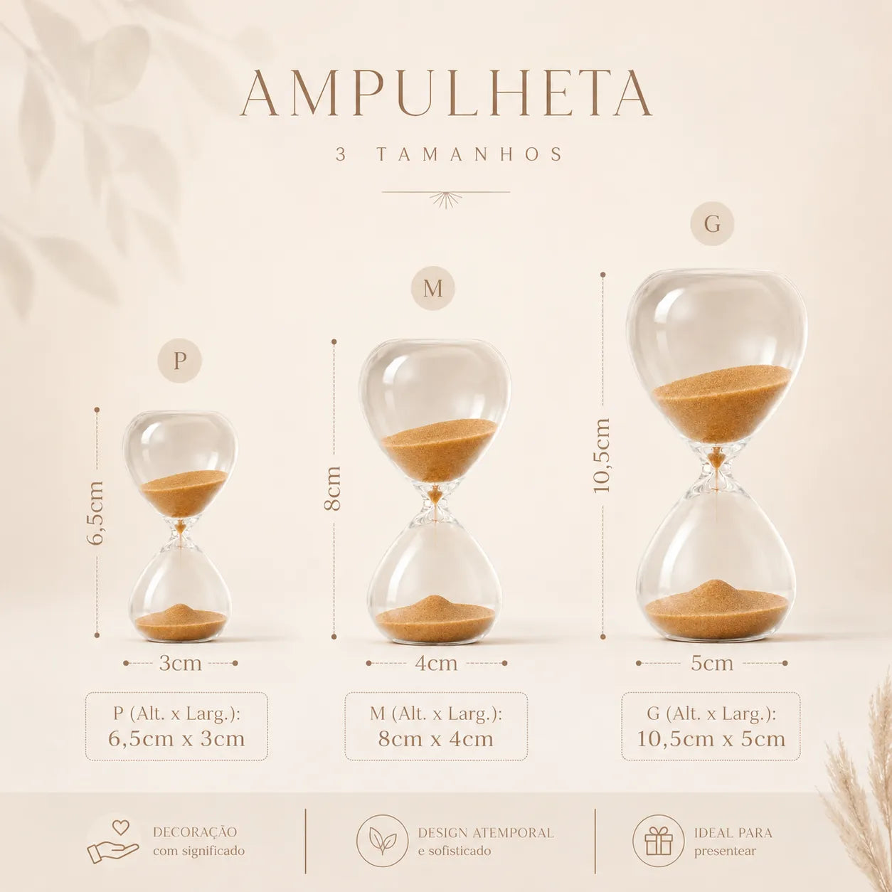 Kit 3 Ampulhetas de Vidro Areia Bege