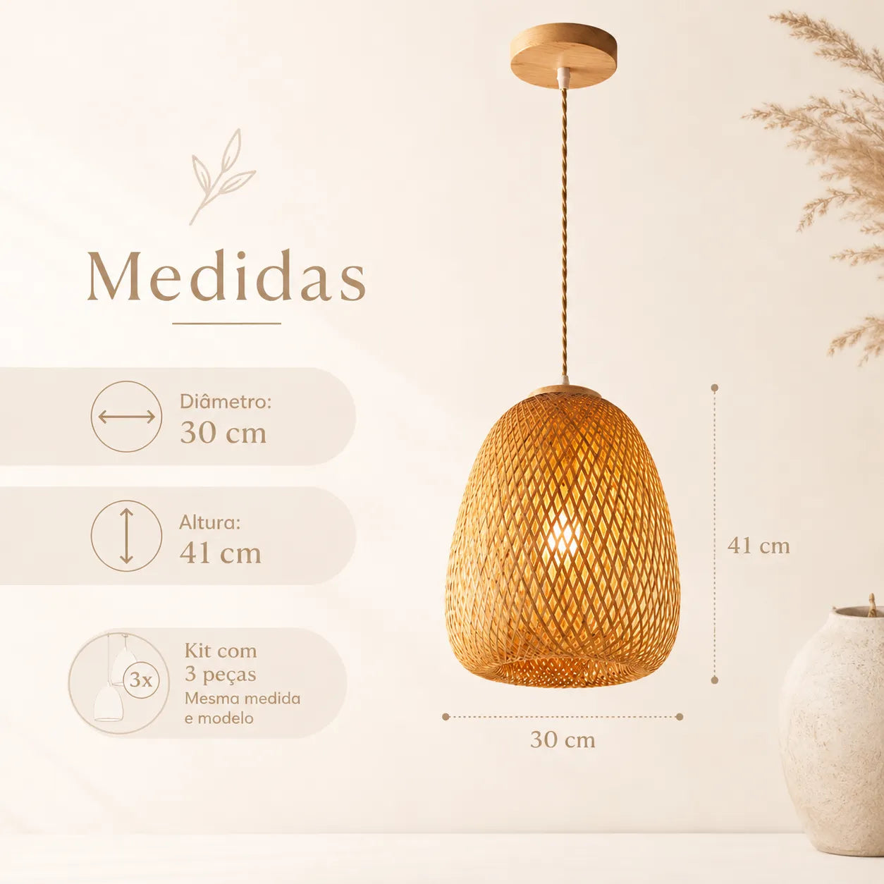 Kit 3 Luminárias Pendente de Bambu Bayu