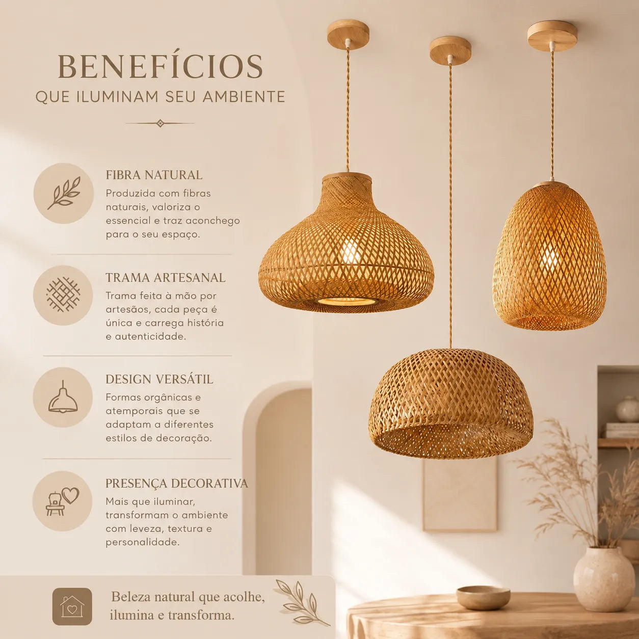 Kit 3 Luminárias Pendente de Bambu Encantos, Oani e Bayu