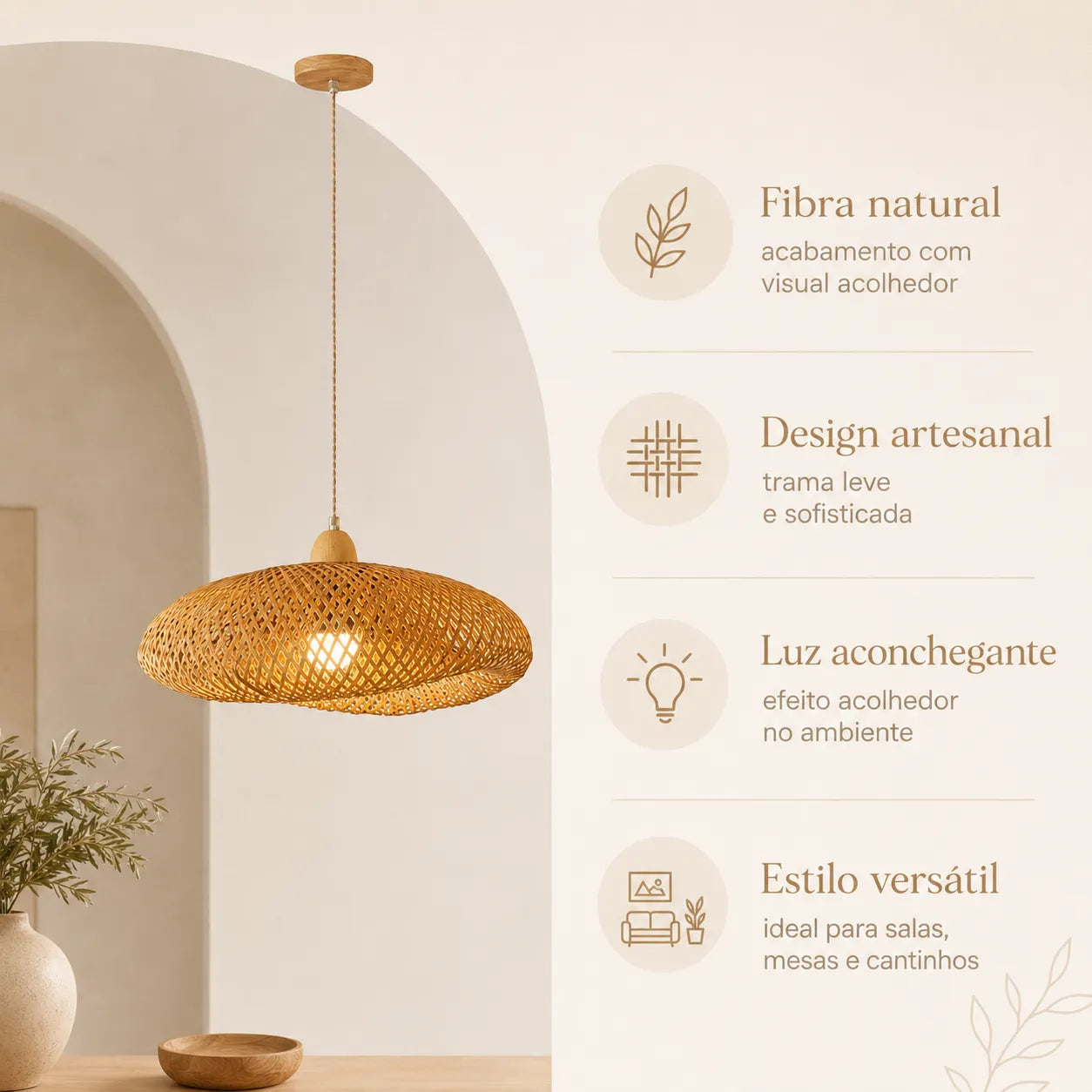 Kit 3 Luminárias Pendente de Bambu Luz do Campo - 60cm (Grande)
