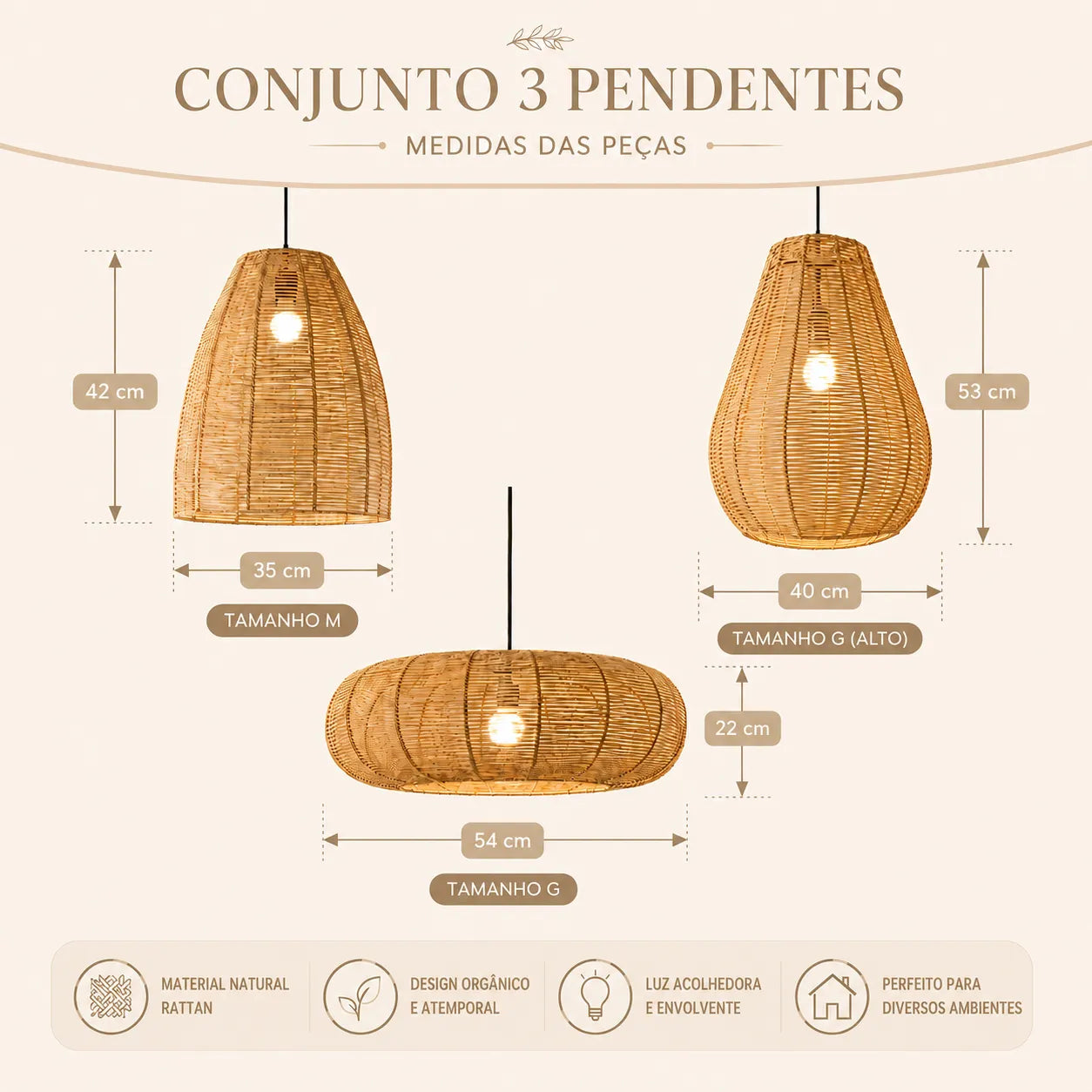 Kit 3 Luminárias Pendentes de Palha Anauê