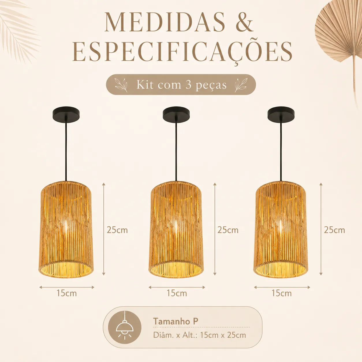 Kit 3 Luminárias Pendentes de Palha Wasi