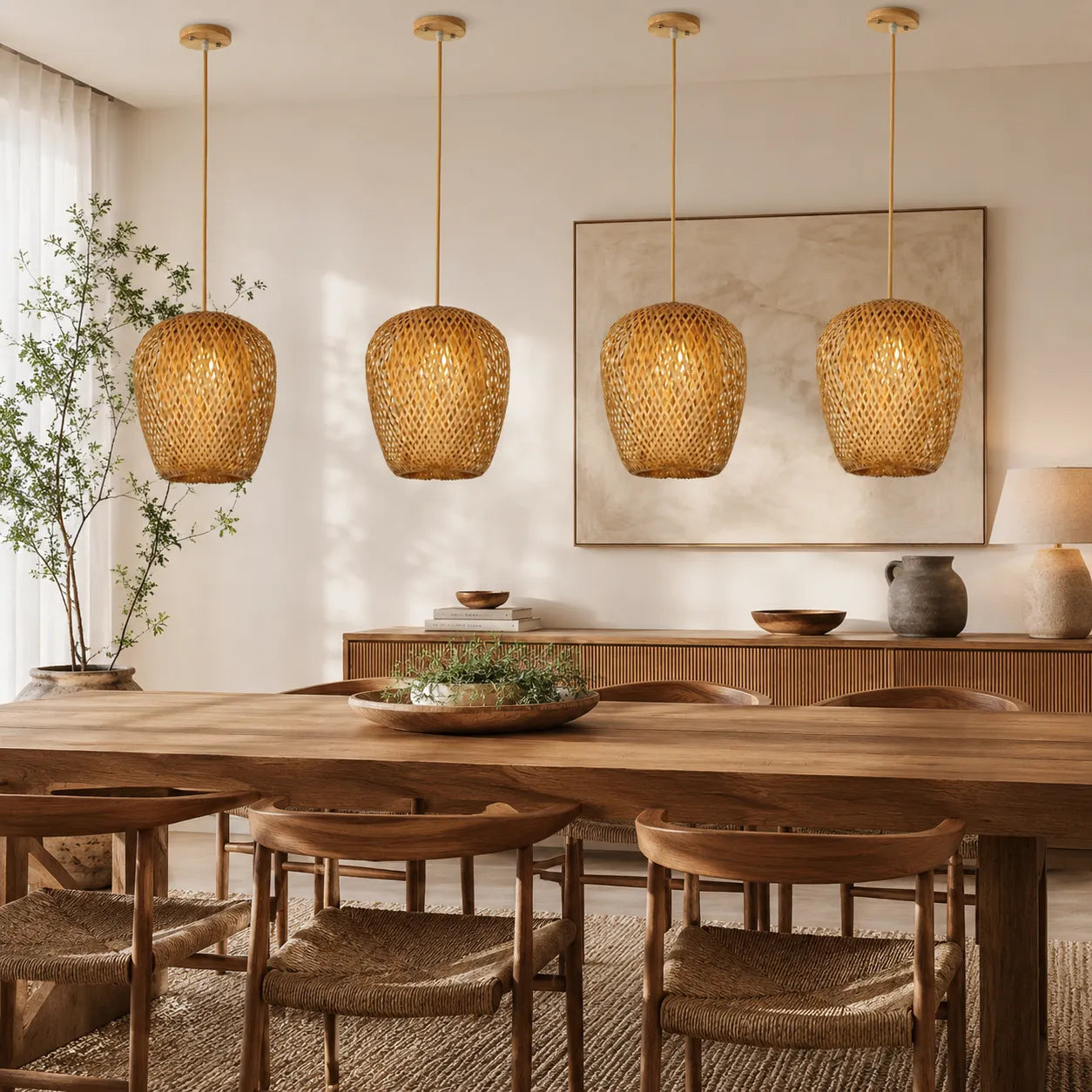 Kit 4 Luminárias Pendente Bambu Rattan