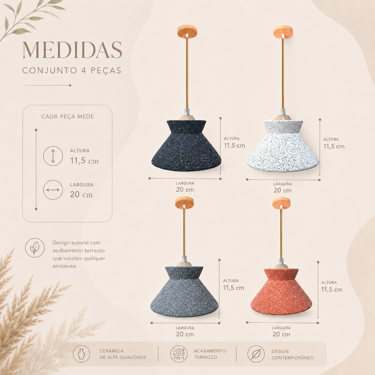 Kit 4 luminárias Pendente Granito Nord