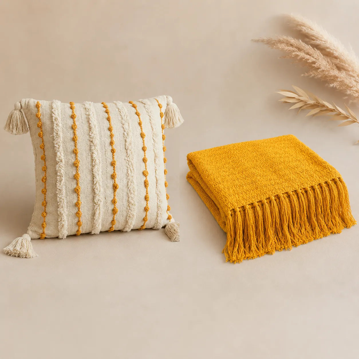 Kit Manta para Sofá e Capa de Almofada Mostarda Mirasol