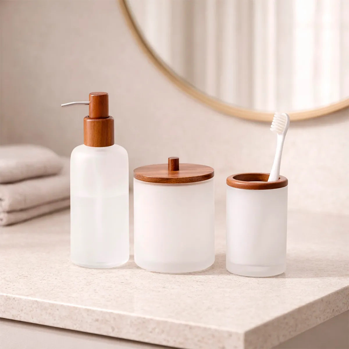 Kit Banheiro em Vidro e Madeira Acácia Zen - 3 Pçs