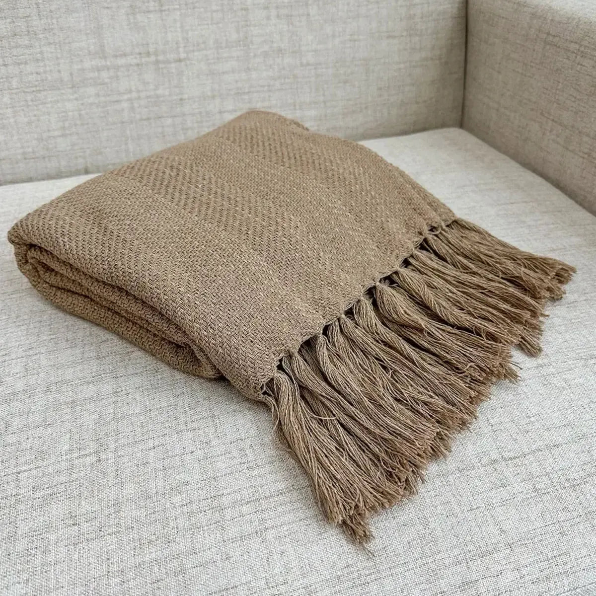 Kit Manta para Sofá e Capa de Almofada Caqui Essência
