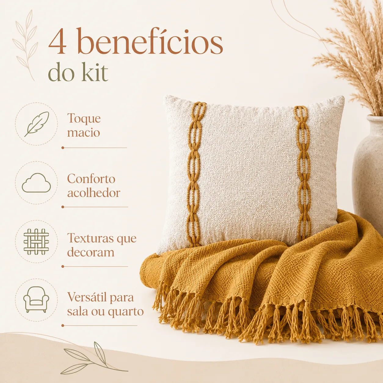 Kit Manta para Sofá e Capa de Almofada Mostarda Elos
