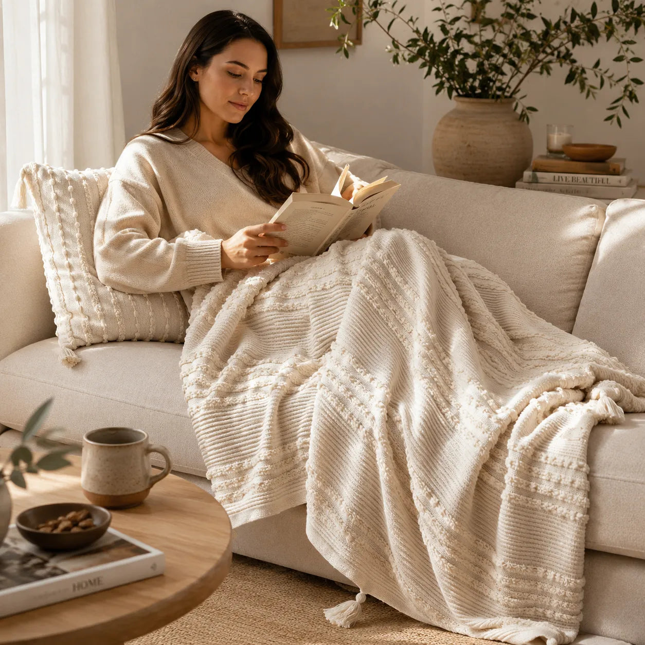 Kit Manta para Sofá e Capa de Almofada Off White Boho Mirasol