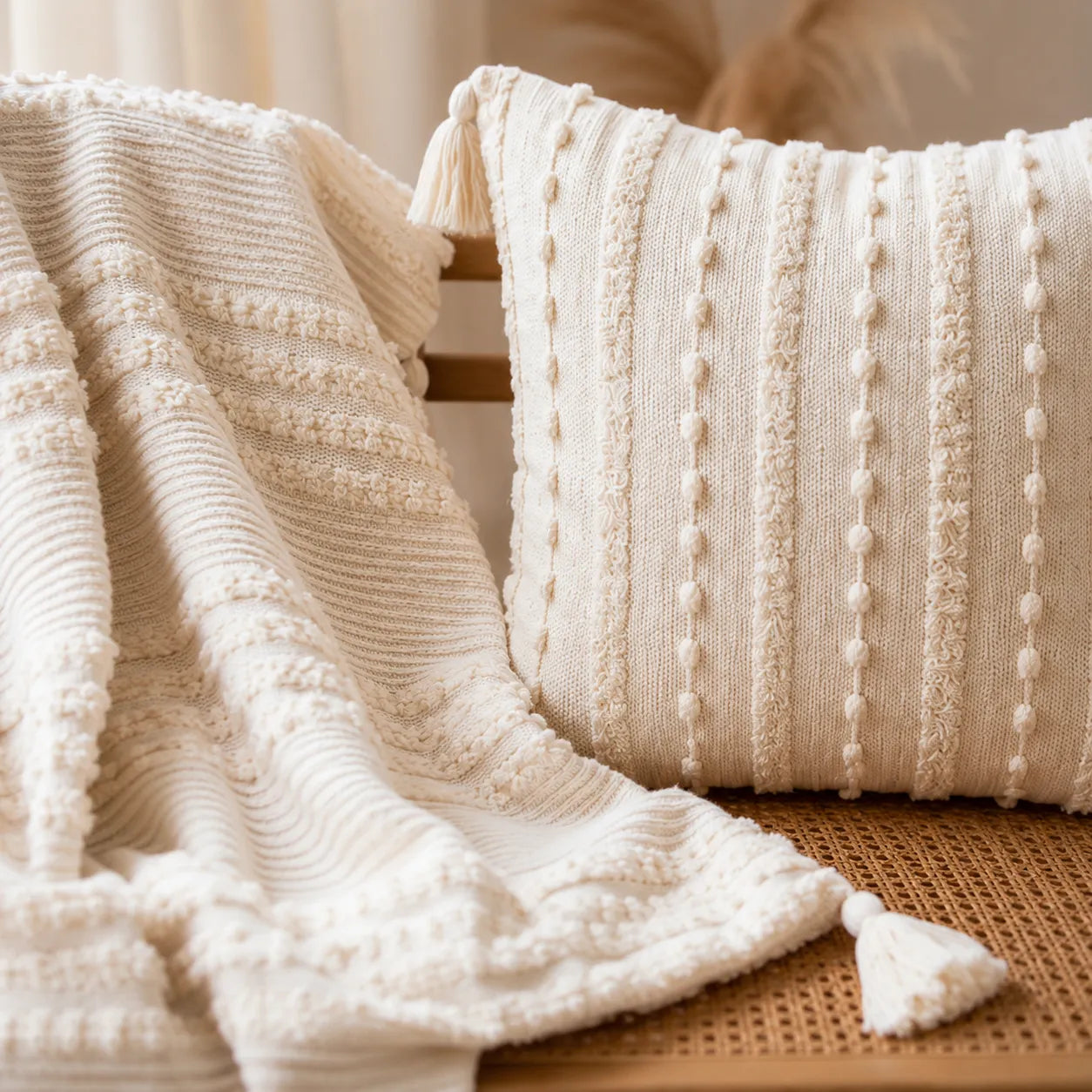 Kit Manta para Sofá e Capa de Almofada Off White Boho Mirasol