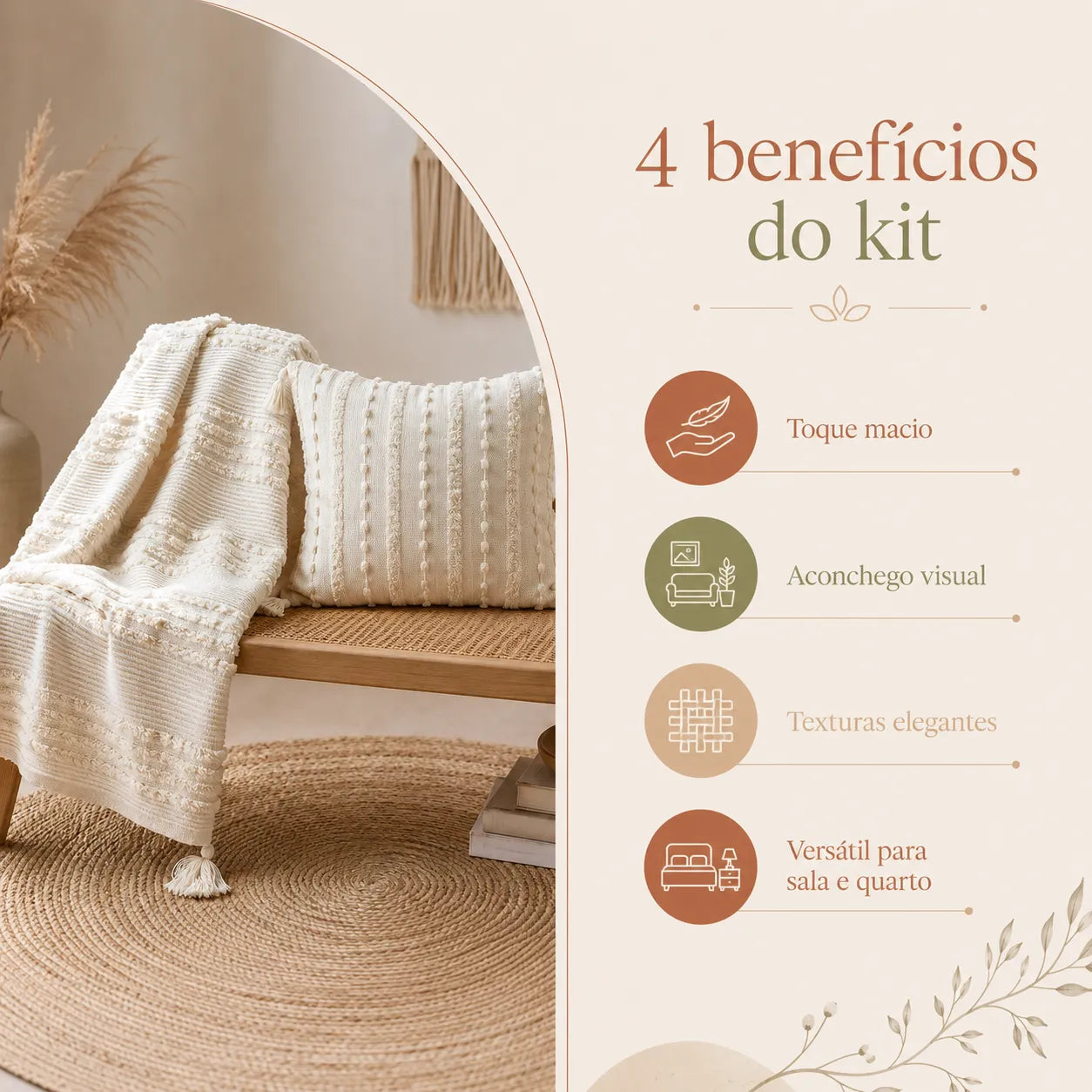 Kit Manta para Sofá e Capa de Almofada Off White Boho Mirasol