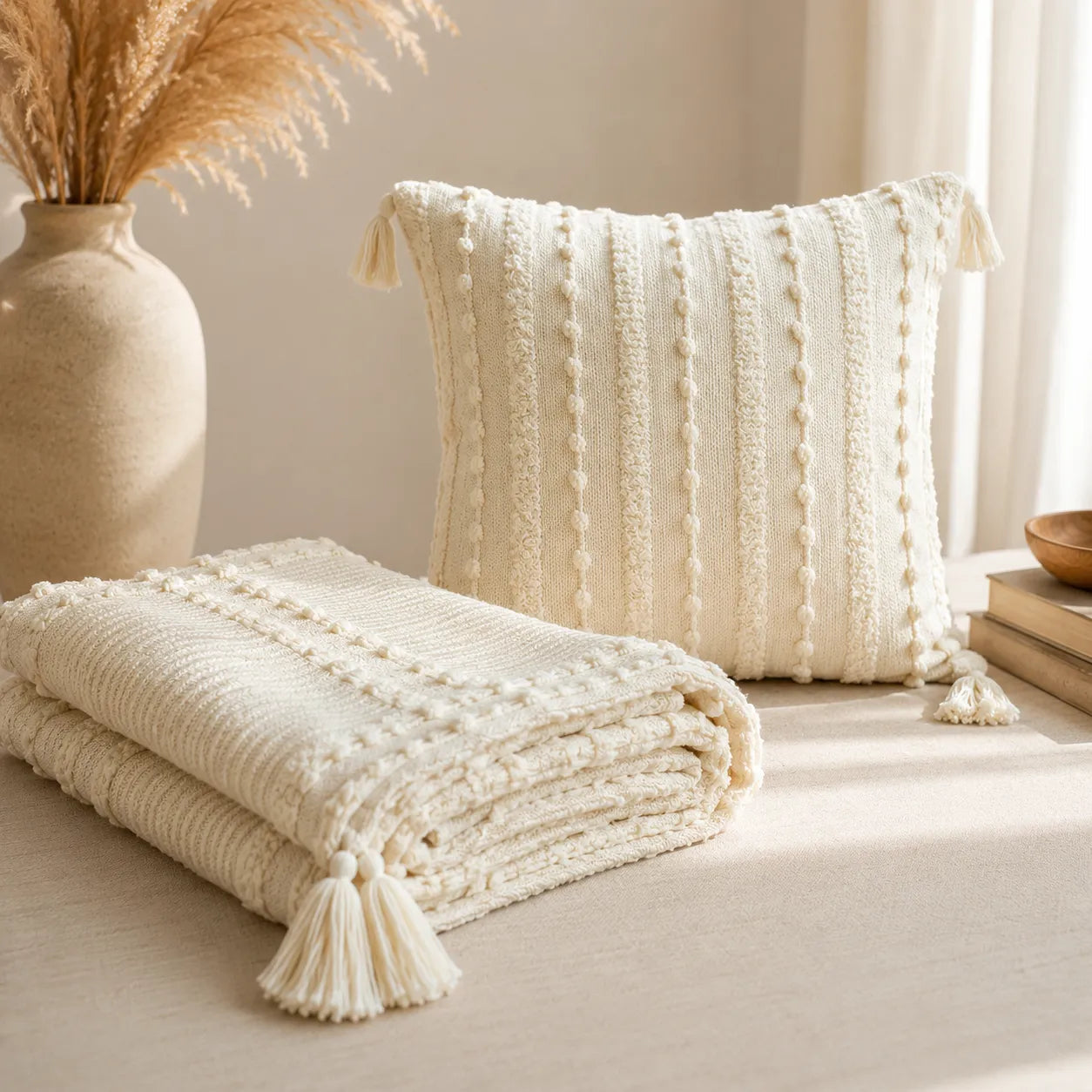 Kit Manta para Sofá e Capa de Almofada Off White Boho Mirasol