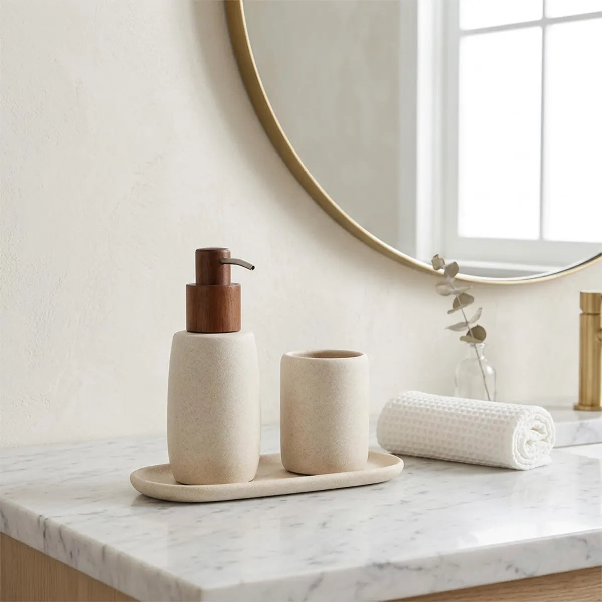 Conjunto para Banheiro 3 Peças Bege com Bandeja e Porta Sabonete Líquido Oasis