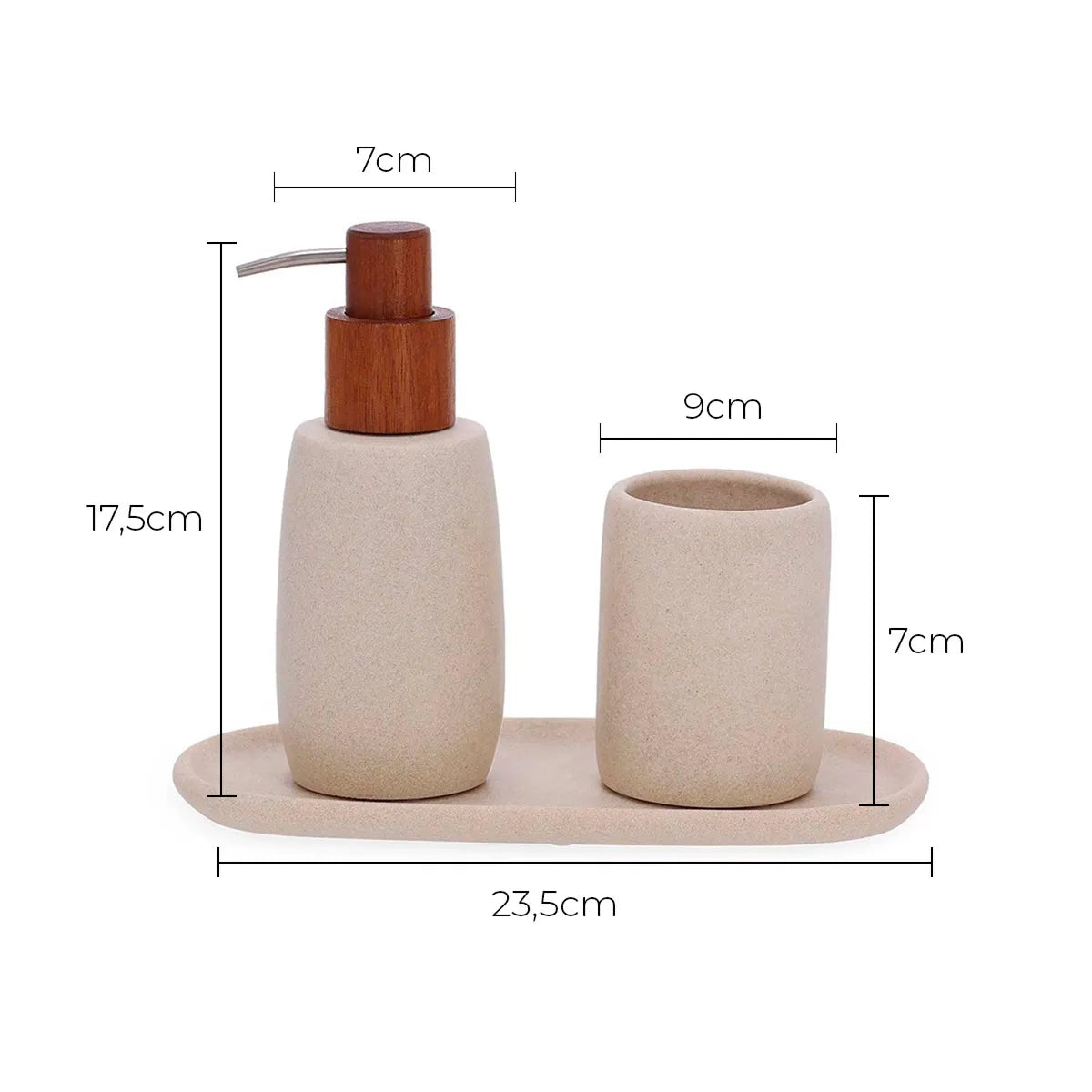 Conjunto para Banheiro 3 Peças Bege com Bandeja e Porta Sabonete Líquido Oasis