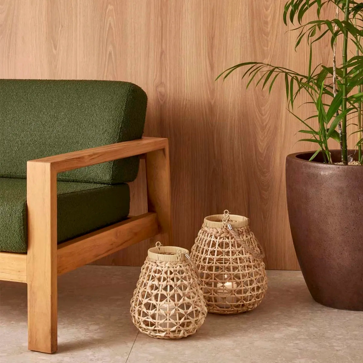Conjunto Luminárias Lanterna Decorativa de Fibra Natural com Alça Raiz
