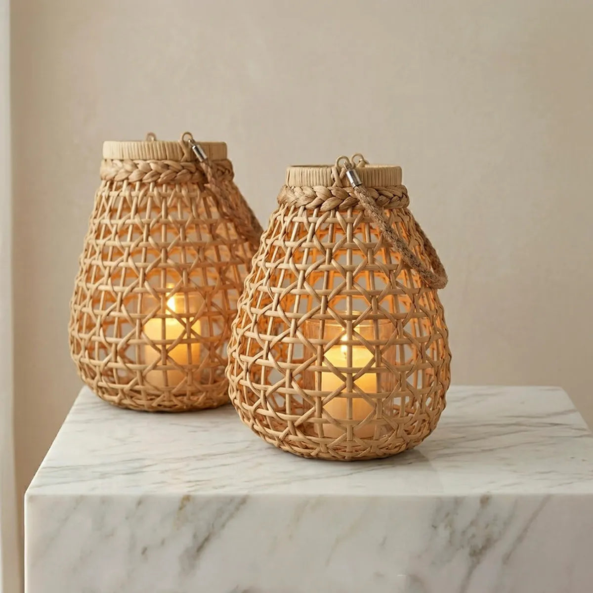 Conjunto Luminárias Lanterna Decorativa de Fibra Natural com Alça Raiz