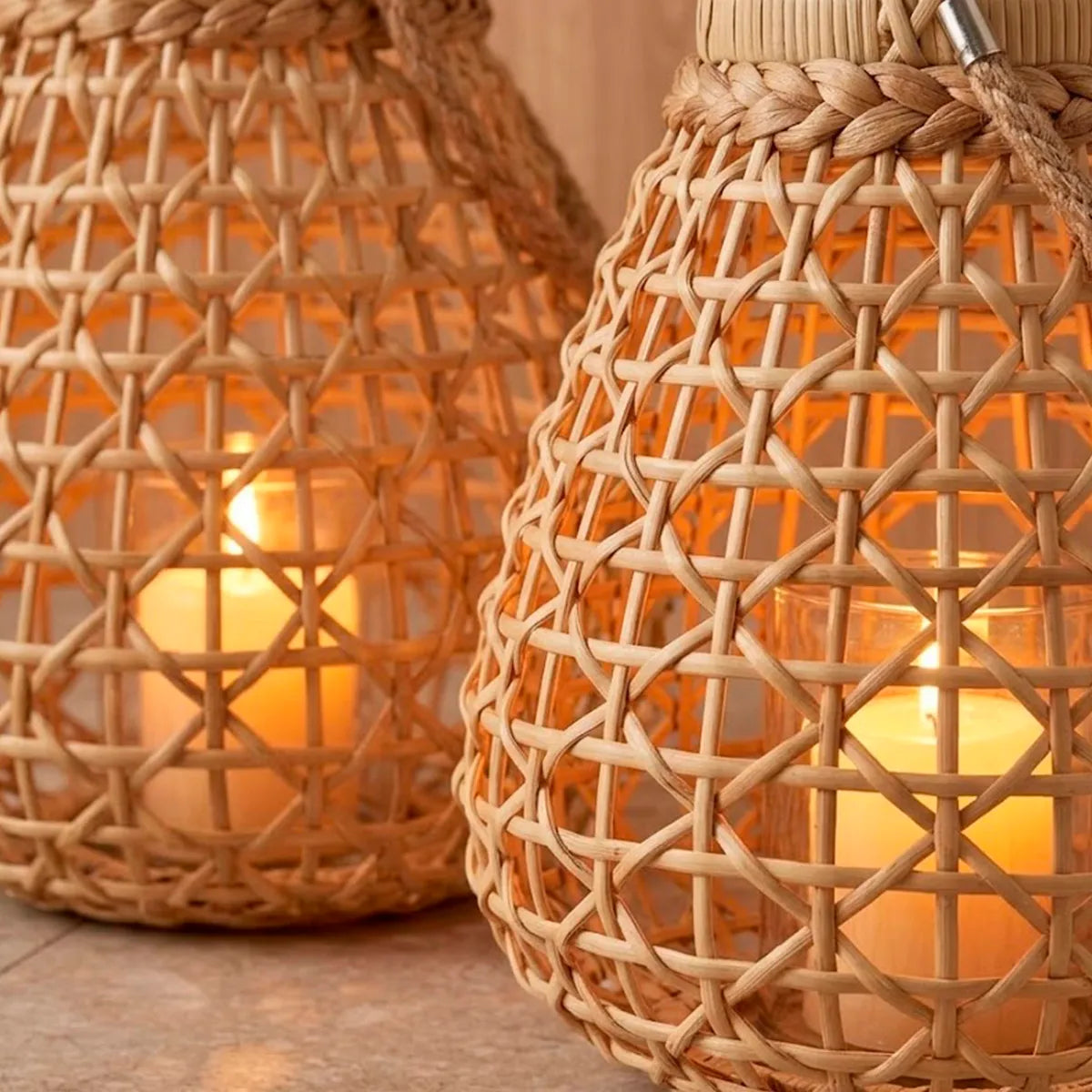 Conjunto Luminárias Lanterna Decorativa de Fibra Natural com Alça Raiz