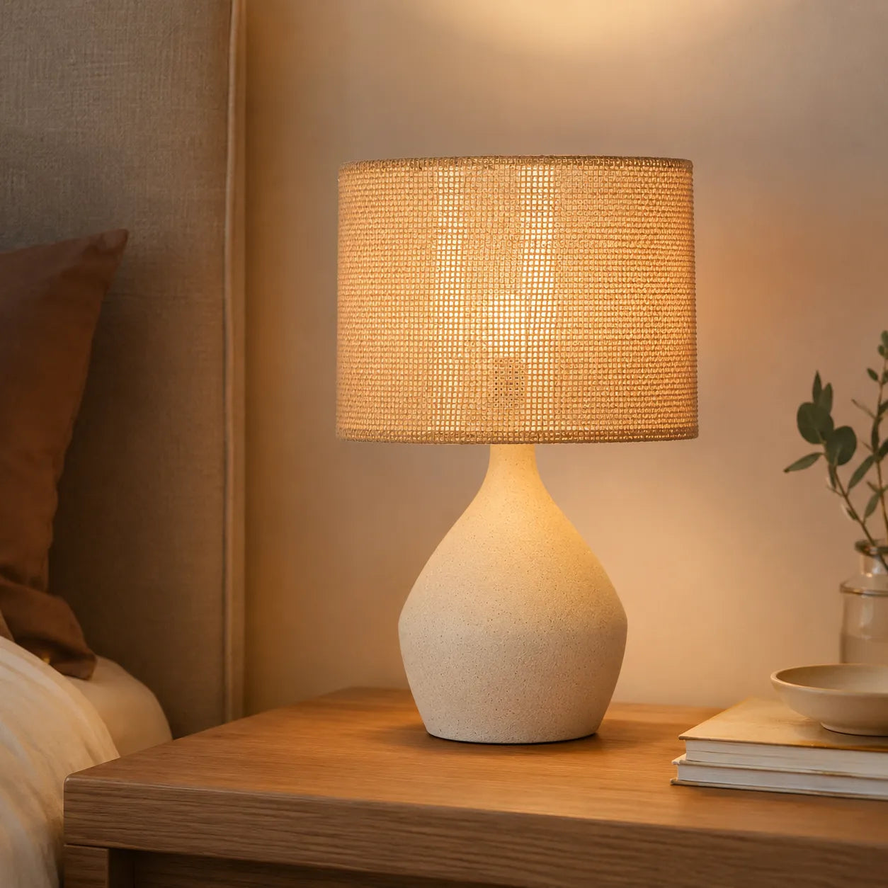 Luminária de Mesa em Fibra Natural e Cerâmica Japandi
