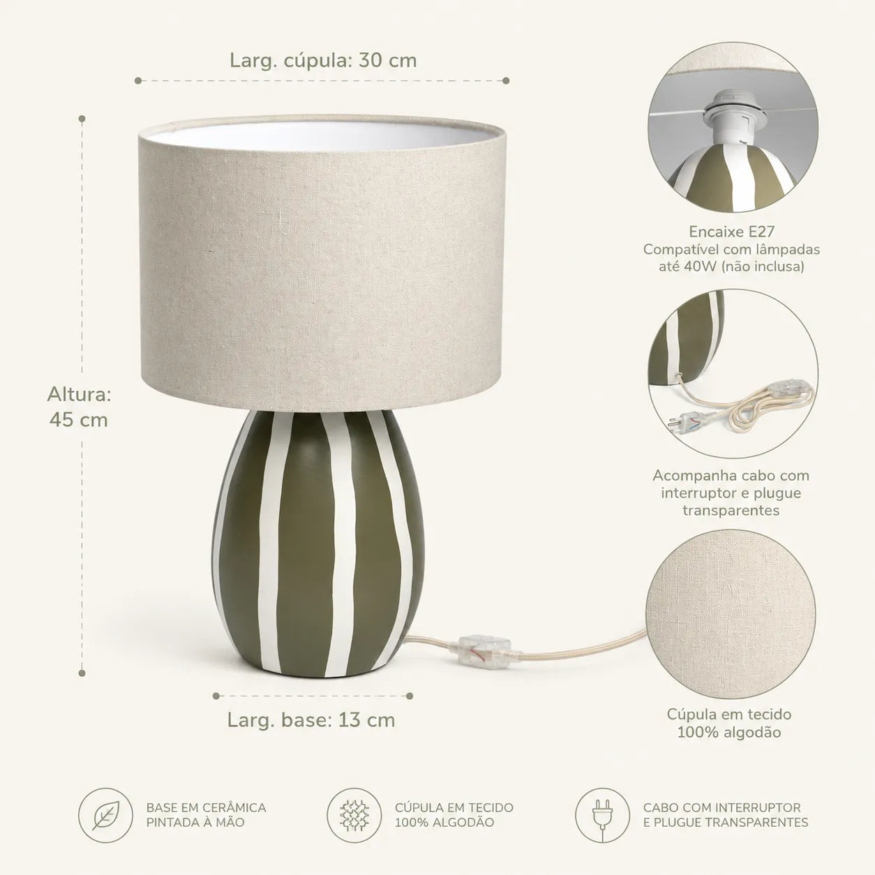 Luminária de Mesa em Linho e Cerâmica Oliva