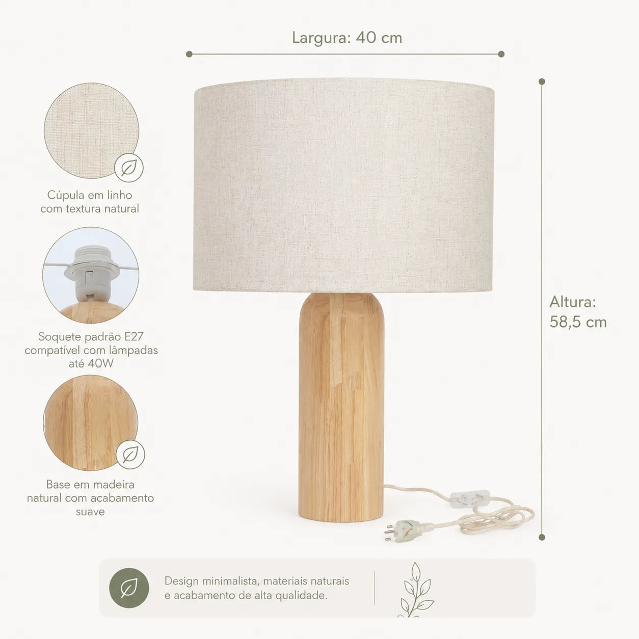 Luminária de Mesa em Linho e Madeira Linen