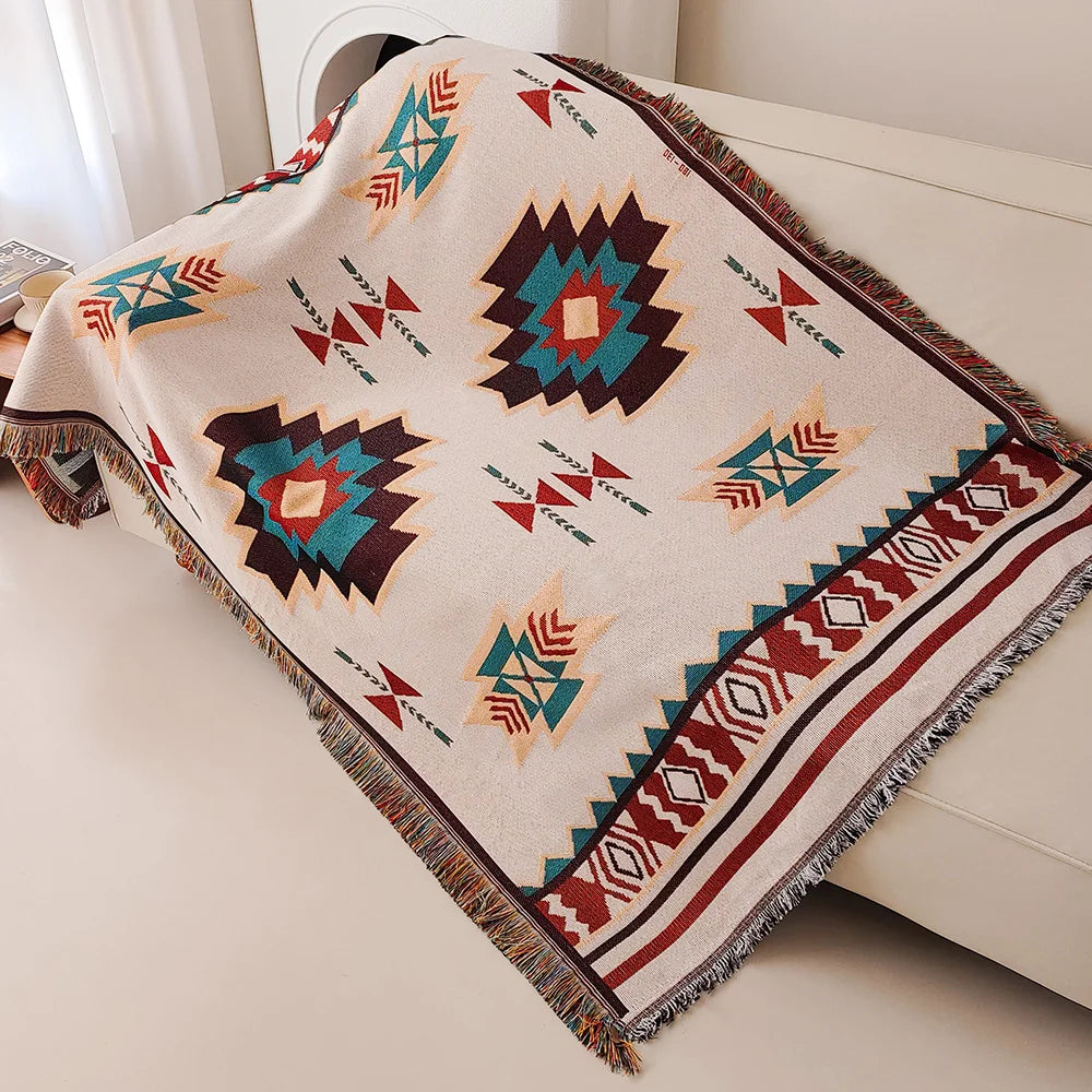 Manta para Sofá Boho Decorativa com Franja Étnico