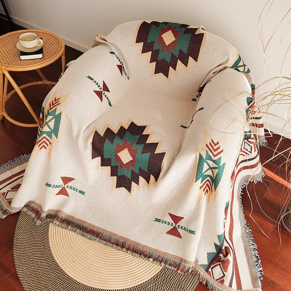 Manta para Sofá Boho Decorativa com Franja Étnico