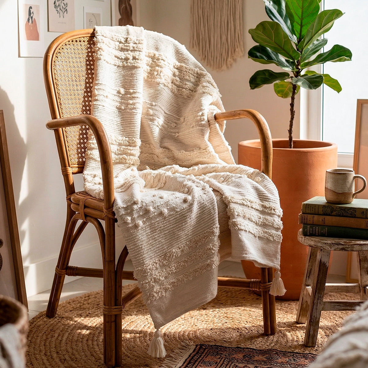 Manta para Sofá Decorativa Boho Bordada Aurora