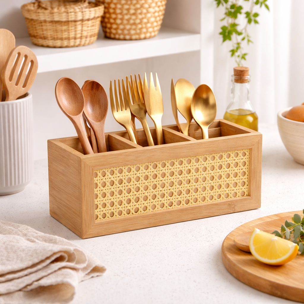 Porta Talheres de Bambu com Palhinha Indiana Essenza Natural