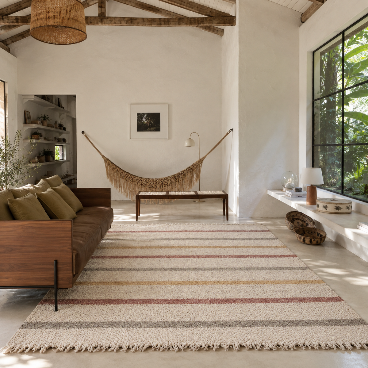 Tapete Aurora de algodão com listras terrosas em sala de estilo boho chic