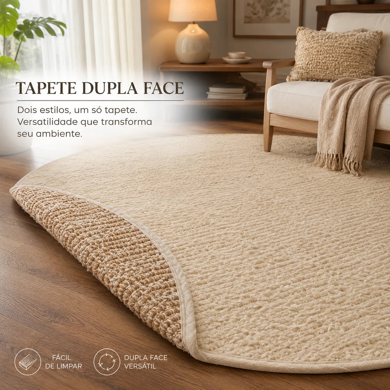 Tapete Redondo Dupla Face Premium para sala e Quarto Capuccino