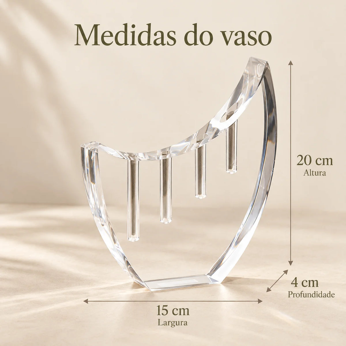 Vaso Selene em acrílico cristal, em diagrama com medidas.