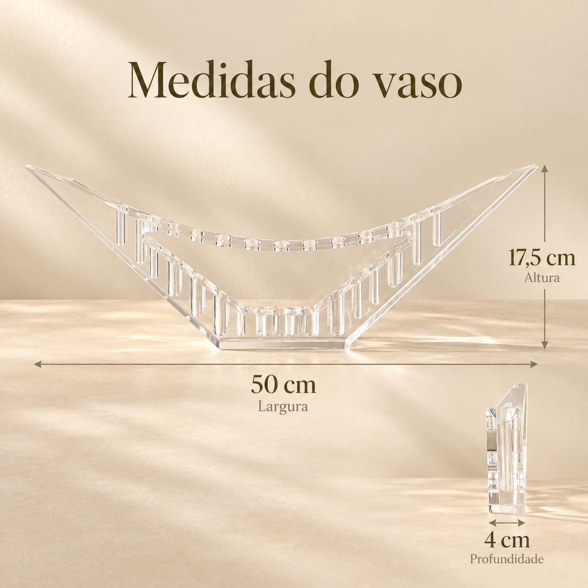 Vaso Ascenda em acrílico cristal, em diagrama com medidas.