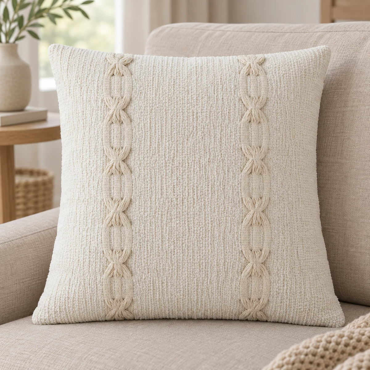 Capa de Almofada Elos Off-White em sofá de linho com decoração boho