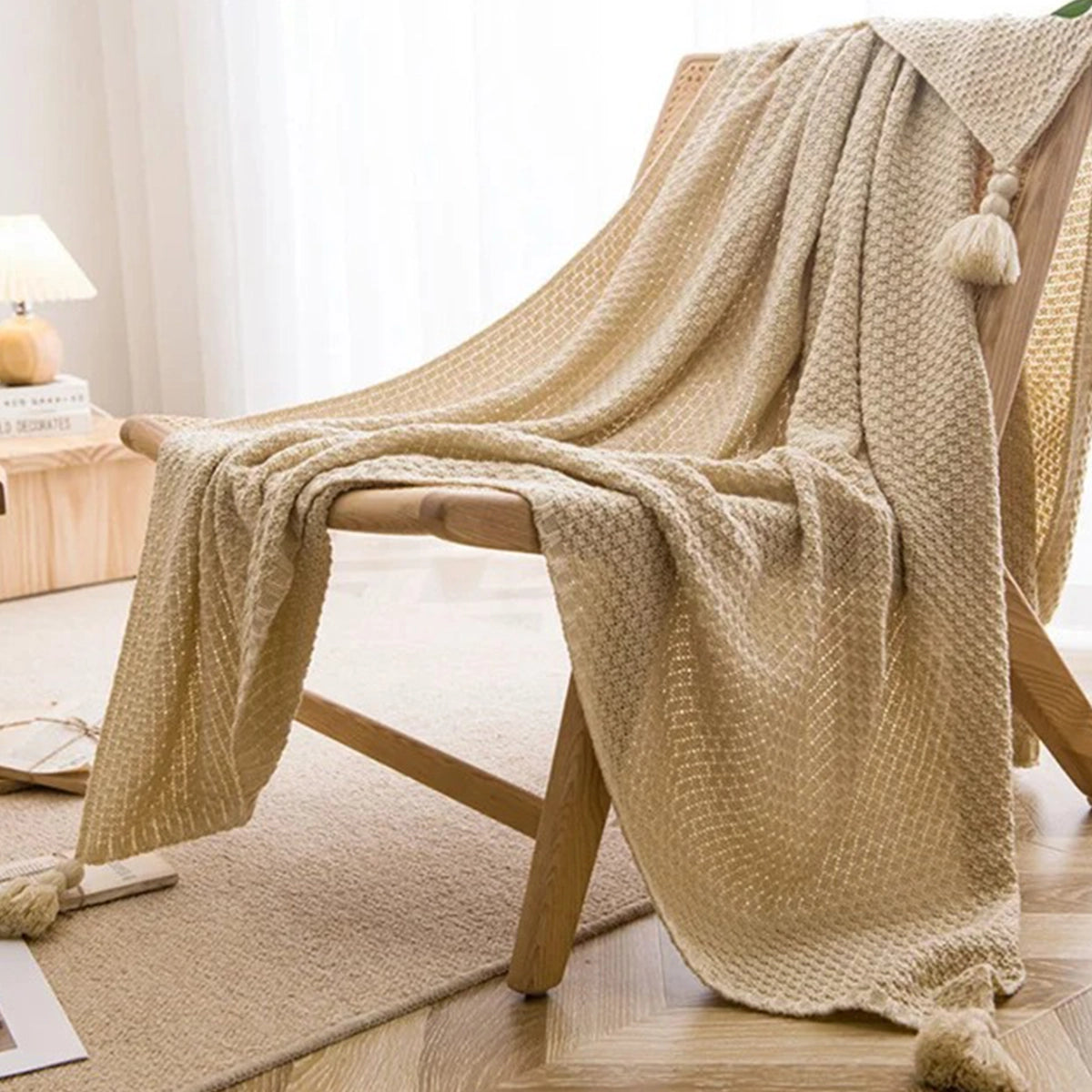 Manta para Sofá de Tricô em Lã Franjas Boho