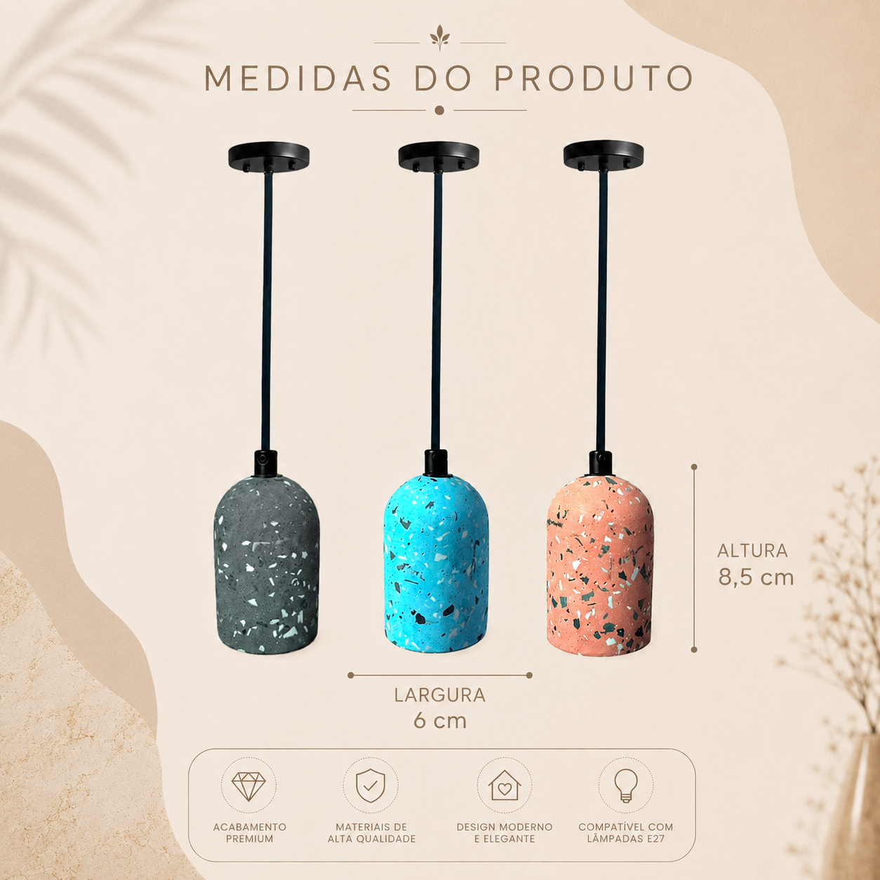 Kit 3 Luminárias Pendente Granilite Terraz