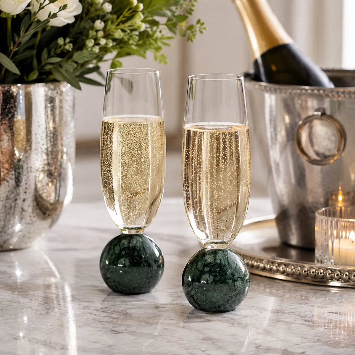 Jogo de Taças para Espumante em Cristal e Mármore Verde - 210ml — imagem de catálogo para decoração